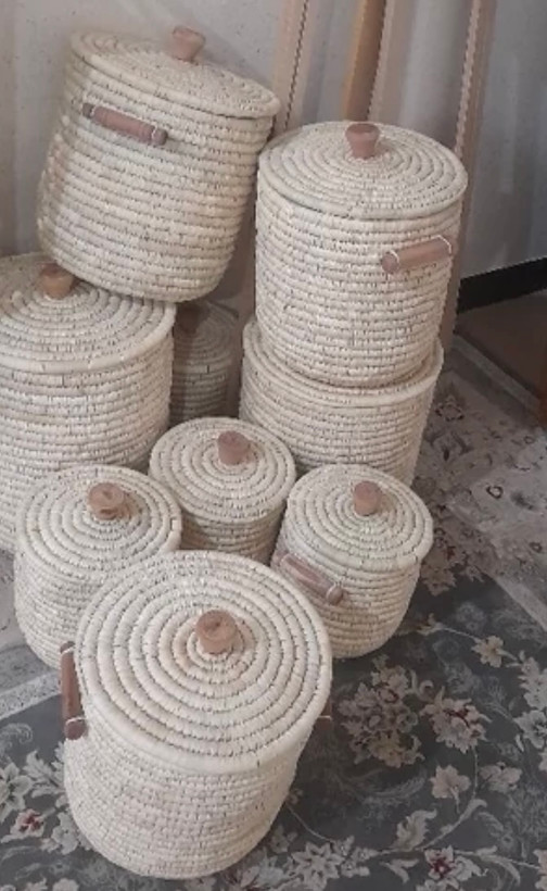 سطل جای برنج استوانه حصیری دسته چوبی ضد شپشک کپوبافی دسته دار
