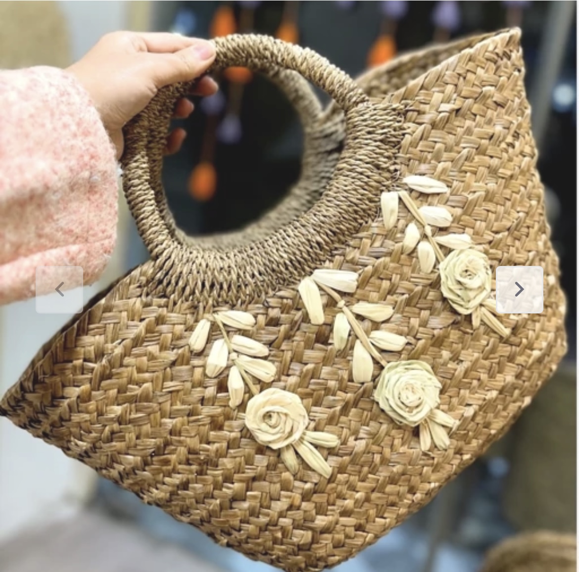 کیف حصیری  قهوه ای گلدار کاملا دستدوز
