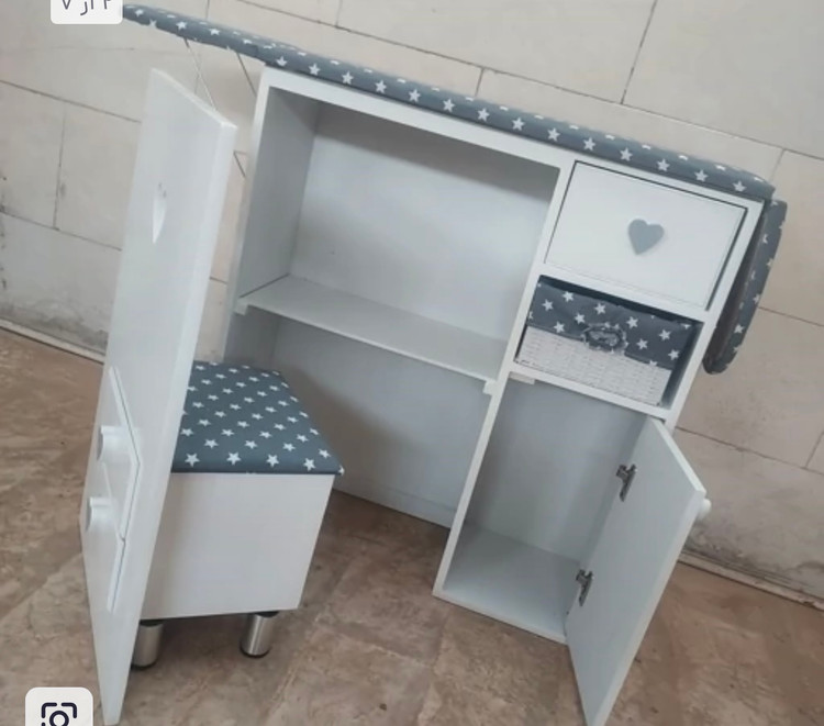 میز اتو و چرخ خیاطی مدل کمددار به همراه صندلی جنس ام دی اف